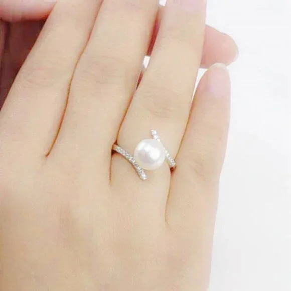 Sweet Beautiful Pearl CZ Twisted Anillos Elegant Silver Ring for Women, VIP562 - Picture 3 of 6